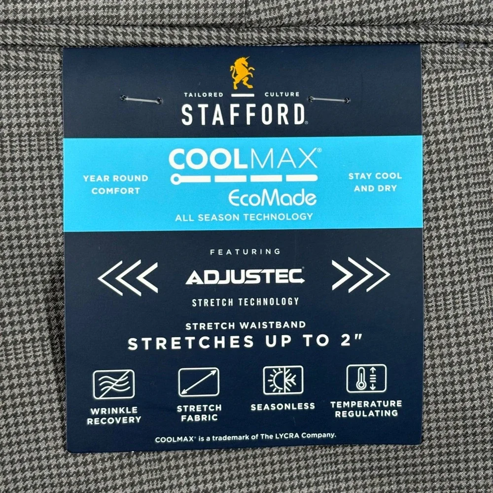 Stafford CoolMax Ecomode Gray Houndstooth Classic Wool Blend Dress Pants 42x32